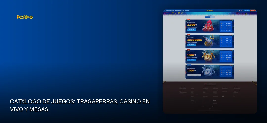 Catálogo de juegos: tragaperras, casino en vivo y mesas